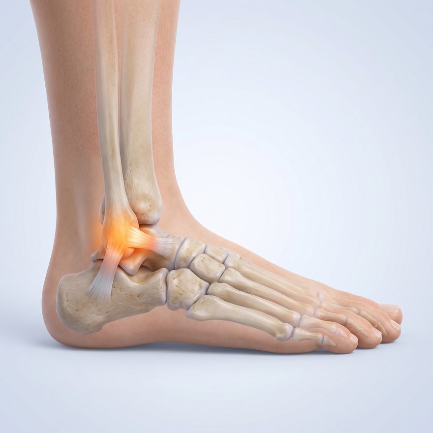 Outer view of the ankle: the anterior talofibular ligament runs forward from the lower end of the fibula to the talus and is the ligament most often injured in an ankle sprain; the calcaneofibular ligament runs down from the ankle bone to the heel bone.