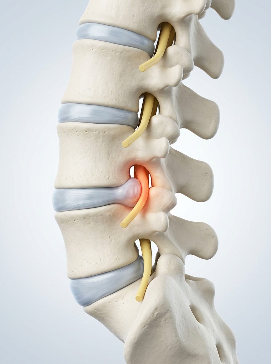 Side view of the lower spine: the discs sit between the vertebrae, and spinal nerves leave through openings at the back; a bulging disc can press on a nerve where it leaves the spine.