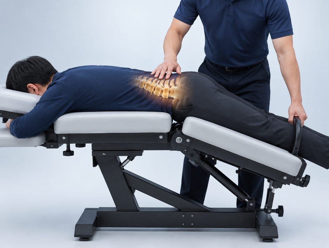 A patient lies face down on a flexion-distraction table while the chiropractor keeps one hand on the lower back and guides the lower section of the table down.
