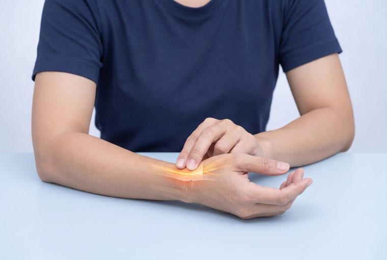 以兩隻手指按壓手腕拇指一側、拇指底部上方的位置。