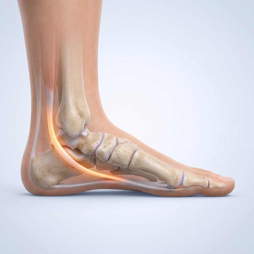 Inner side view of the foot bones with a low arch: the tibialis posterior tendon runs behind the inner ankle bone and under the arch, and the plantar fascia runs along the sole; the tibialis posterior tendon is shown glowing.