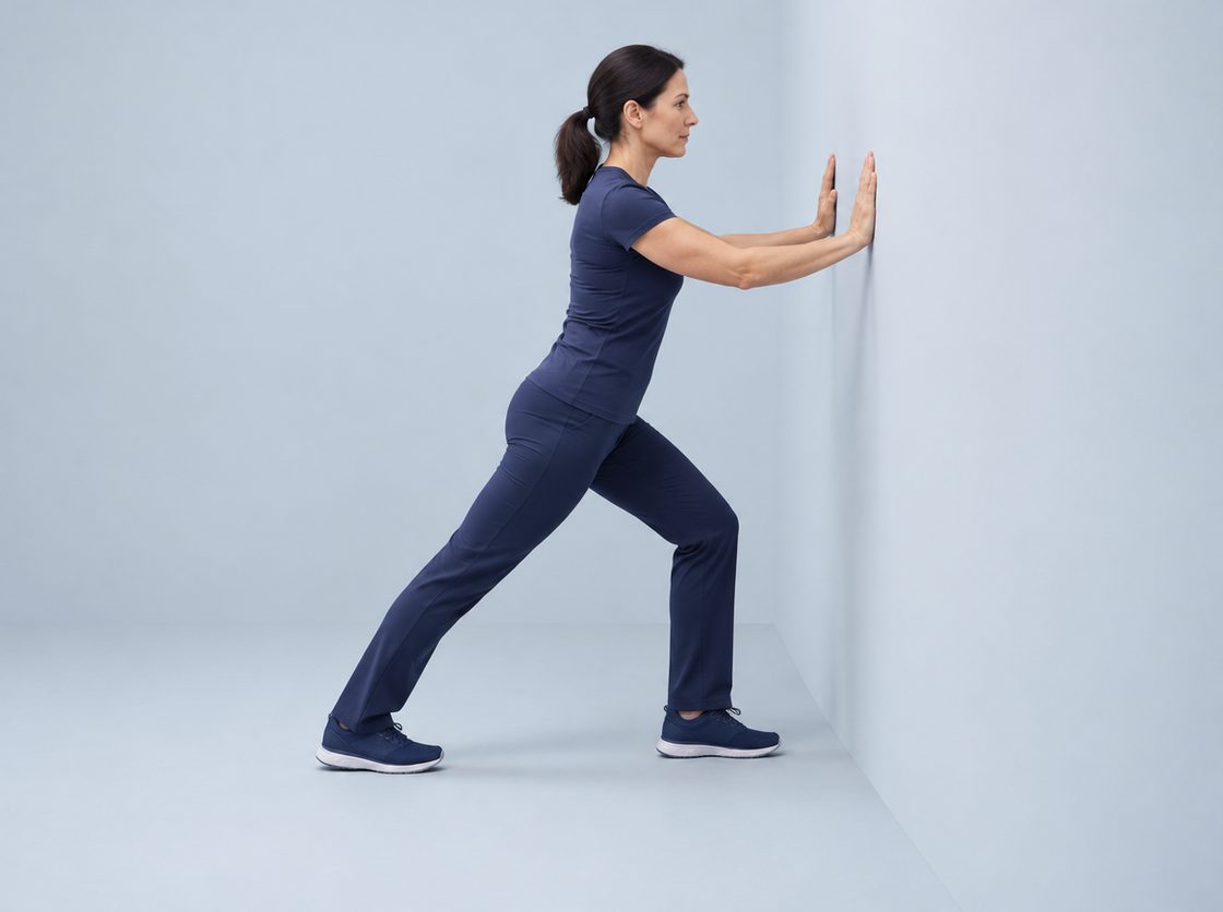 Stretching the calf against a wall, with the back leg straight, the back heel on the floor and the front knee bent.