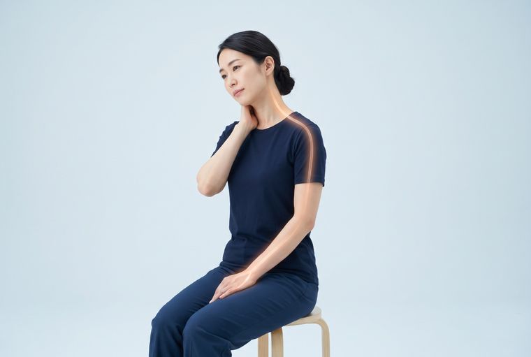 Self-check: sitting with a hand on the side of the neck, with a glowing line running from the neck down the arm to the hand.
