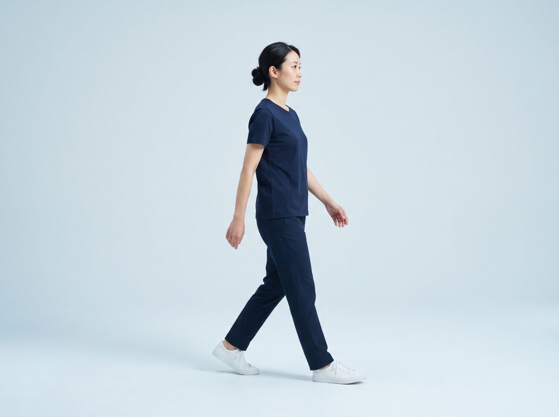 Walking briskly with an upright, relaxed posture and the arms swinging naturally.