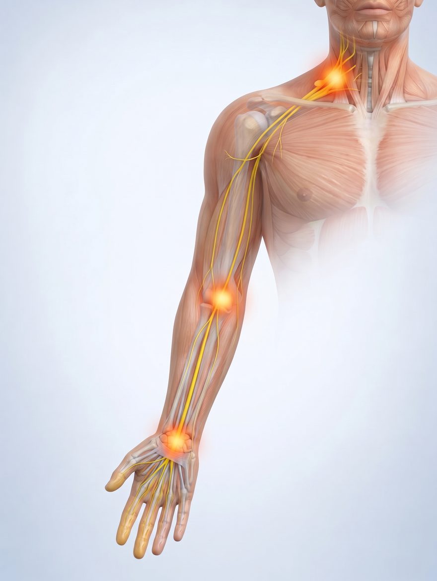 Front view of the neck, shoulder and arm, showing the nerves that run from the neck to the hand; the common pressure points at the neck, the elbow and the wrist are shown glowing.