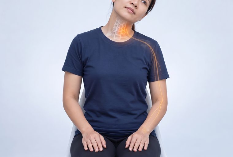 Sitting upright and slowly tilting the head towards one shoulder while looking slightly up; the nerve running from the neck down the arm is shown glowing.