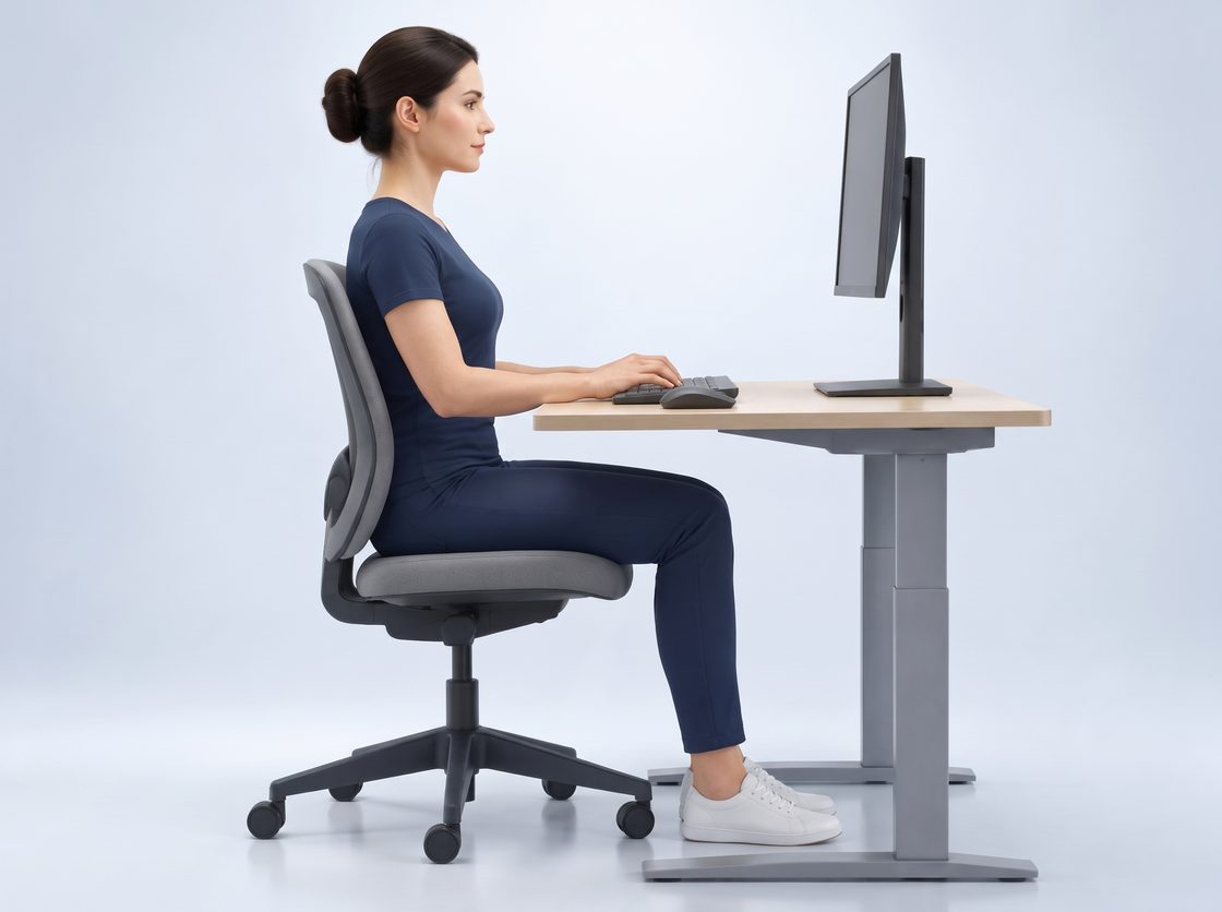 Sitting upright at a desk and typing with level wrists, relaxed shoulders, the elbows at about a right angle and the screen at eye level.