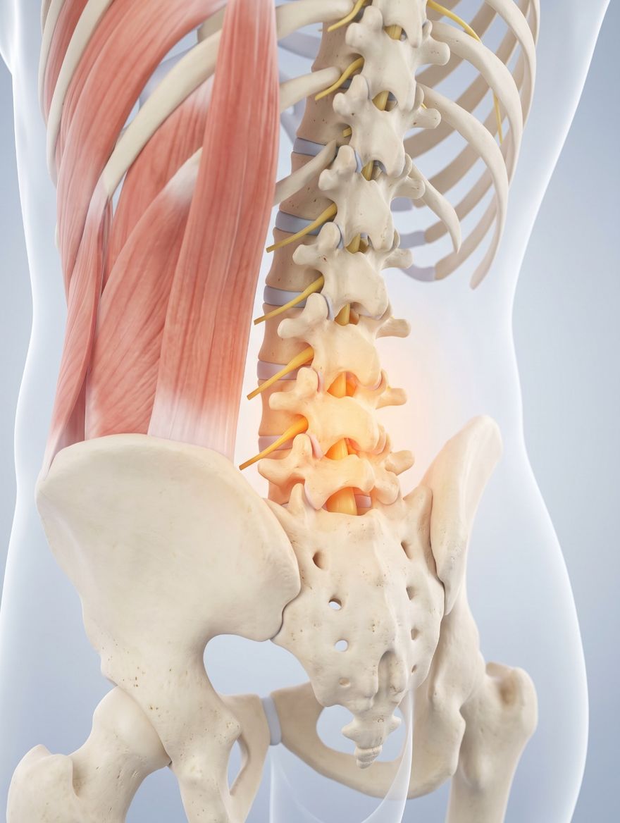 Anatomy of the lower back seen from behind: the five lumbar vertebrae with discs between them, the small facet joints at the back of the spine, the sacroiliac joints where the spine meets the pelvis, and the long back muscles beside the spine, with the lower lumbar spine glowing where mechanical back pain is most often felt.