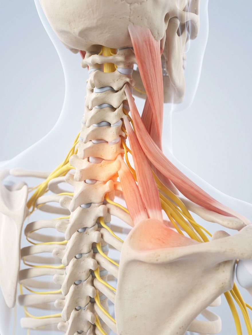 Anatomy of the neck seen from behind and to one side: the cervical vertebrae with small facet joints at the back, nerve roots leaving the spine towards the arm, and the neck muscles running down to the shoulder blade, with the lower neck joints and the muscles near the shoulder blade glowing.