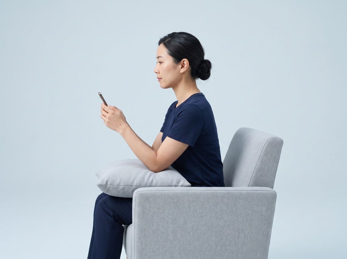 Sitting upright in an armchair and holding a phone up at eye level with the elbows supported on a cushion, keeping the neck straight.
