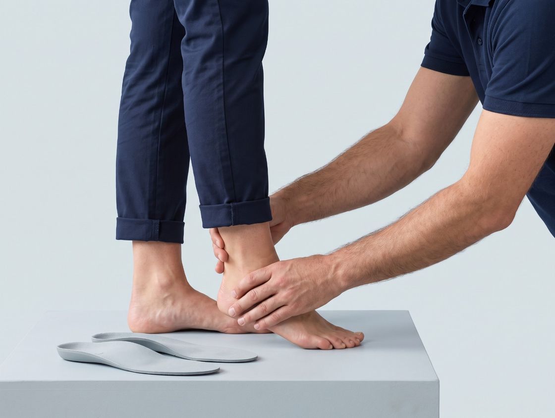 The chiropractor checks the arch and ankle of a patient's bare foot, with a pair of custom orthotic insoles on the platform beside her.