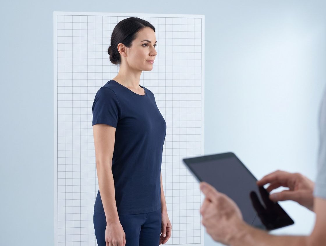 A patient stands in front of a posture grid board while the chiropractor records her posture on a tablet.