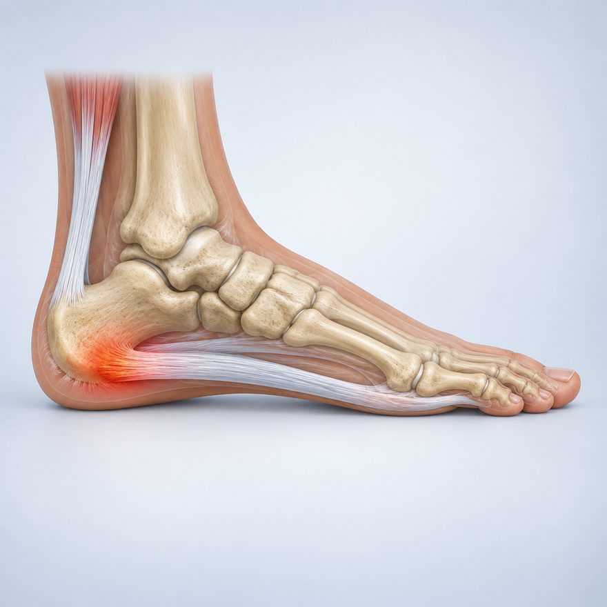 Inner side of the foot: the plantar fascia runs along the sole from the heel bone to the base of the toes; plantar fasciitis pain is felt where it attaches to the heel.