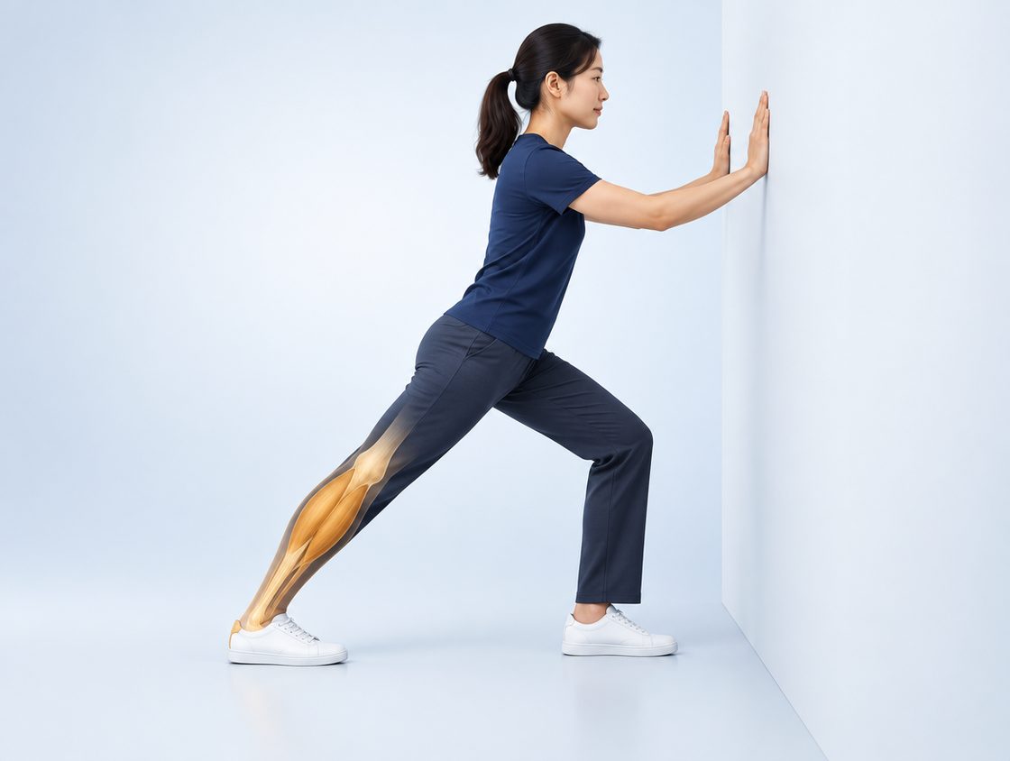Calf stretch against a wall: hands on the wall, the back leg straight with the heel down, and the front knee bent.