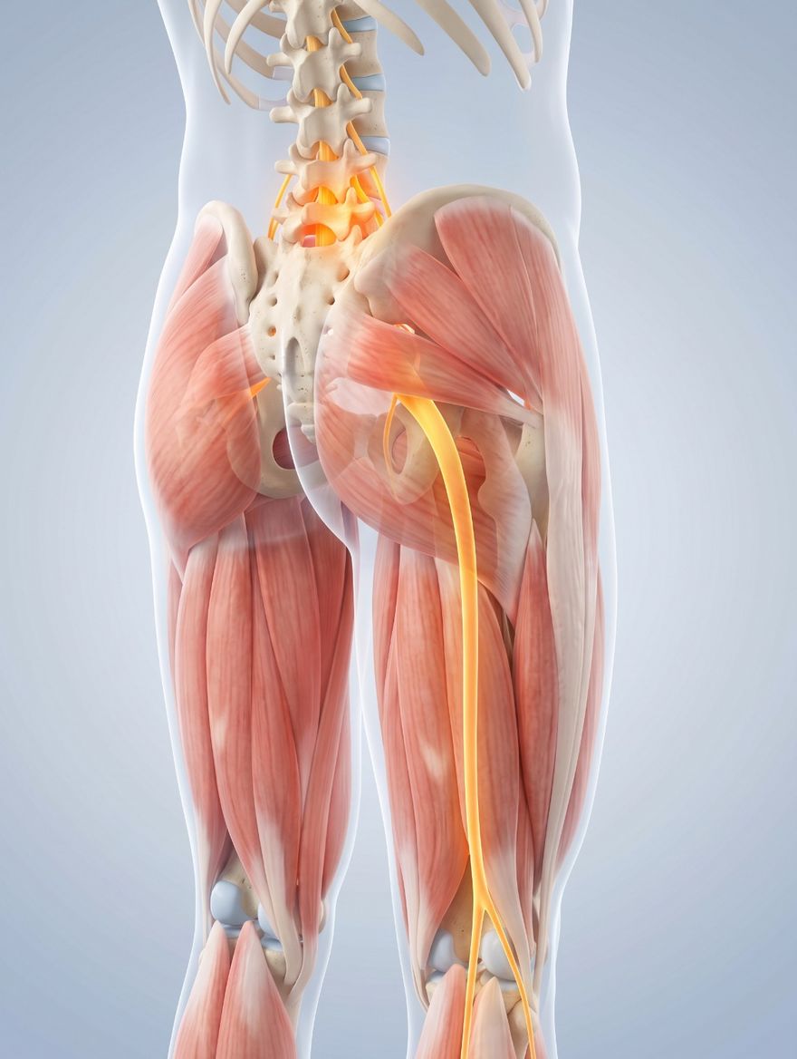 Anatomy of the lower back, pelvis and thighs seen from behind: nerve roots leave the lower spine and join into the sciatic nerve, which passes beneath the piriformis muscle in the buttock and runs down the back of the thigh, dividing above the knee. An irritated nerve root in the lower back glows.