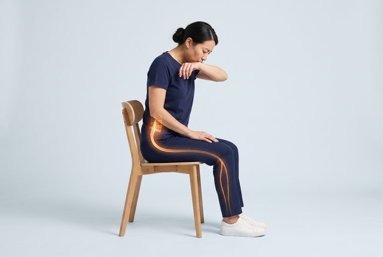 Self-check: sitting on a chair and coughing into the elbow, with a glowing line running from the lower back down the back of the leg.