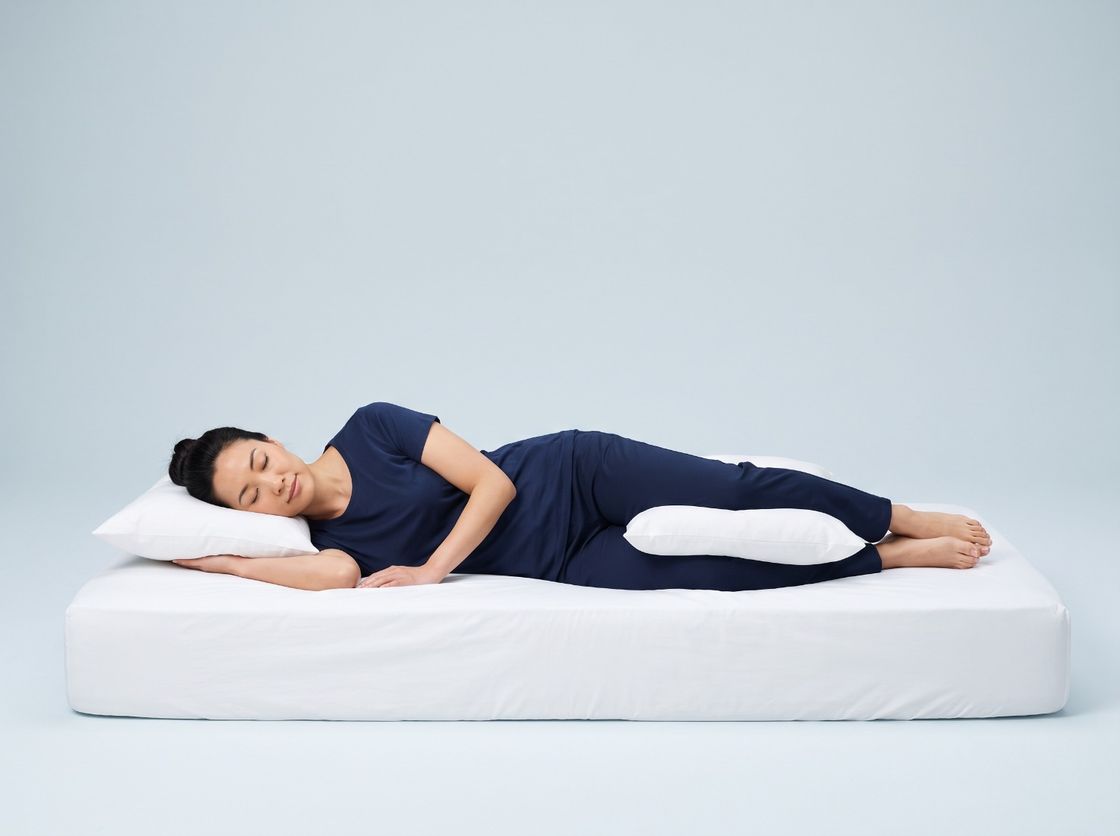 Lying on one side in bed with the knees bent and a pillow between them, keeping the spine straight and relaxed.