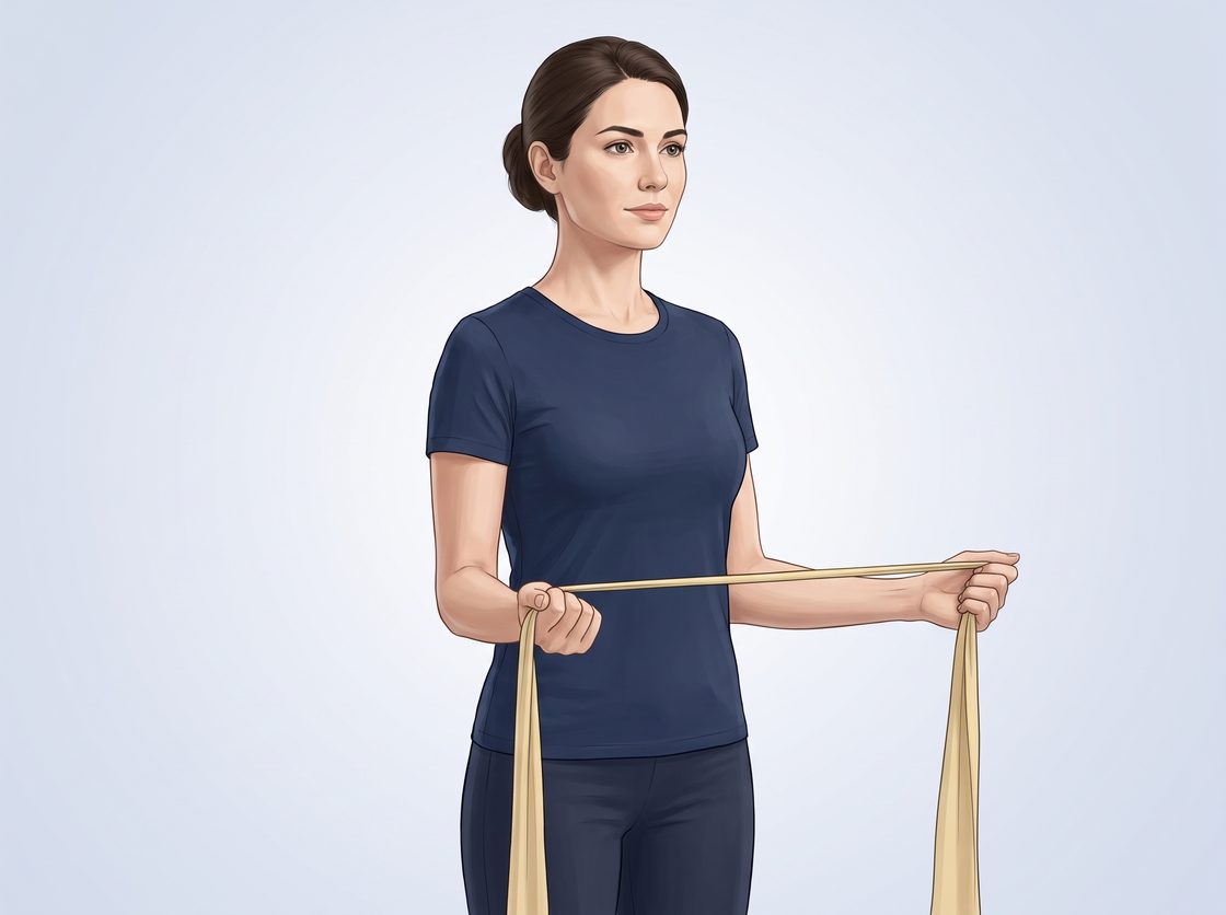 Standing with the elbows bent at the sides, holding a resistance band in both hands and turning one forearm outwards to strengthen the rotator cuff.