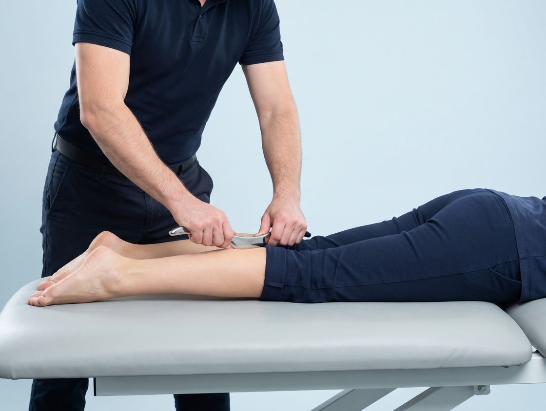 The chiropractor glides a curved stainless steel instrument along the back of a patient's calf as she lies face down on a treatment table.