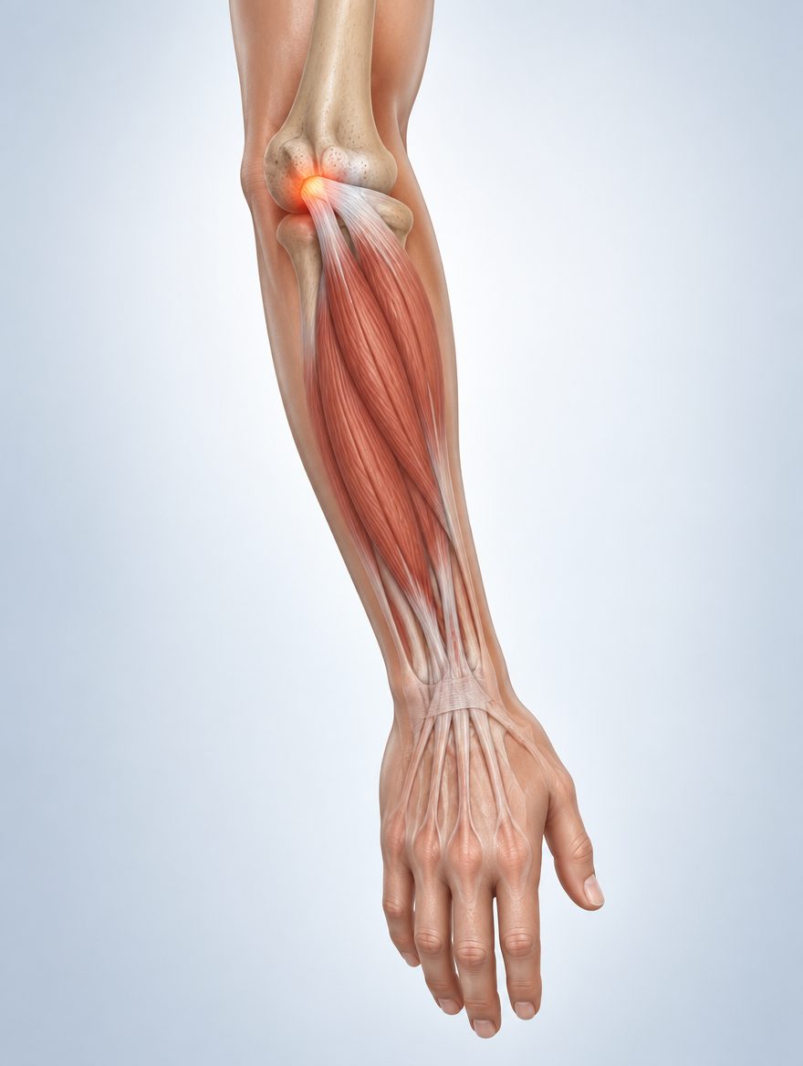 Anatomy of the outer elbow: the forearm extensor muscles run along the back of the forearm and join into the common extensor tendon, which attaches to the lateral epicondyle, the bony bump on the outside of the elbow, where tennis elbow pain is felt.