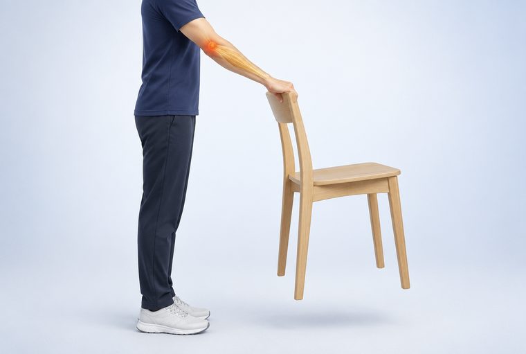 Chair lift test: lifting a light chair by the top of its back, with the elbow straight and the palm facing down.