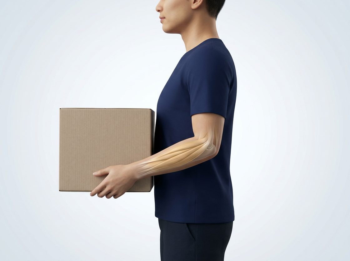 Lifting a box with the palms facing up, the elbows bent and close to the body, and the wrists straight.