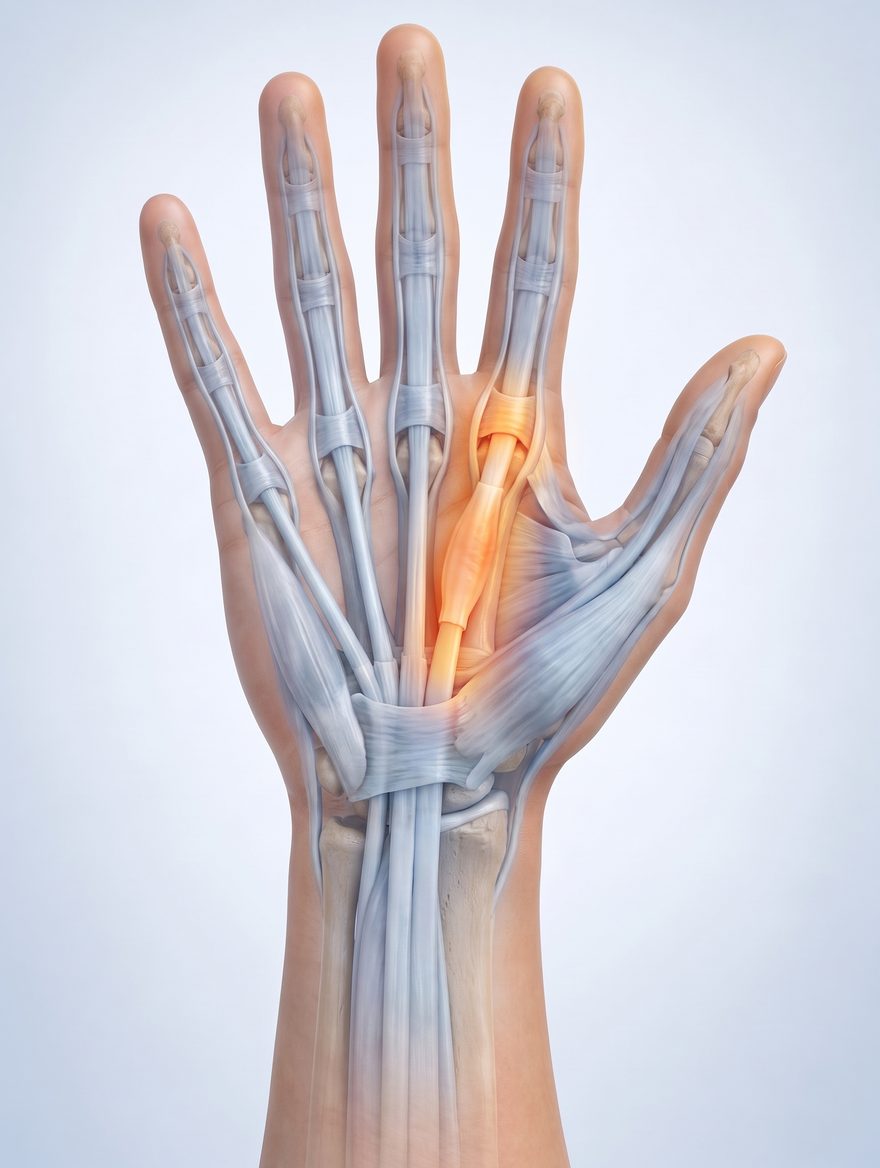 Palm-side view of the hand: the flexor tendons run through sheaths into each finger, held down by pulleys; at the base of the index finger, a thickened part of the tendon catches under the A1 pulley.