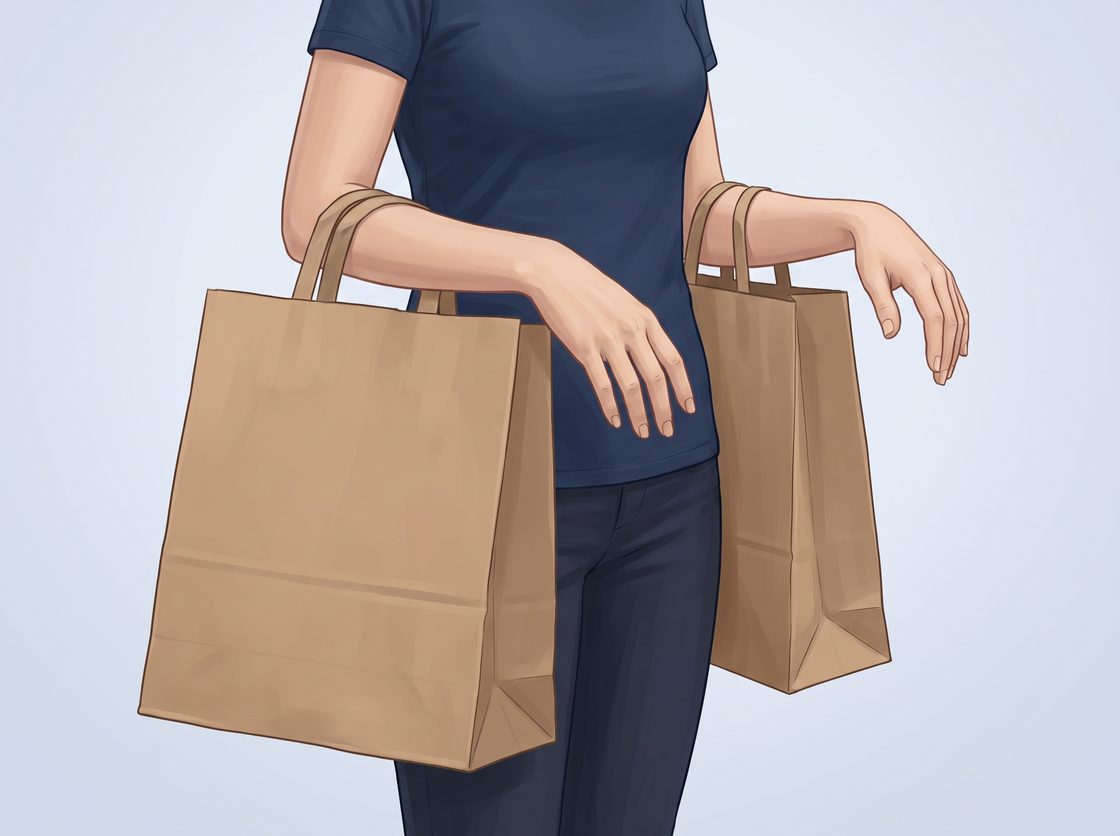 Carrying shopping bags with the handles over the forearms, with the hands open and relaxed.
