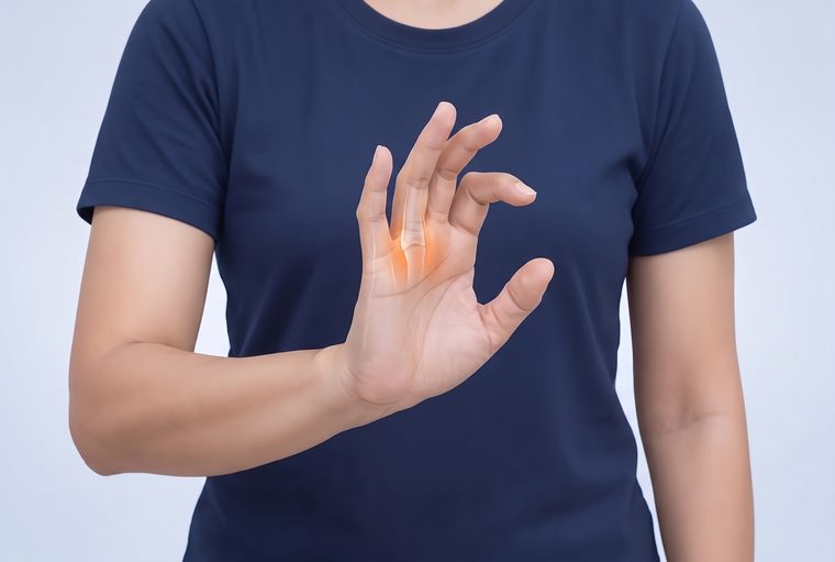 Slowly opening the hand from a fist; the glow marks the base of the finger, where the tendon catches.