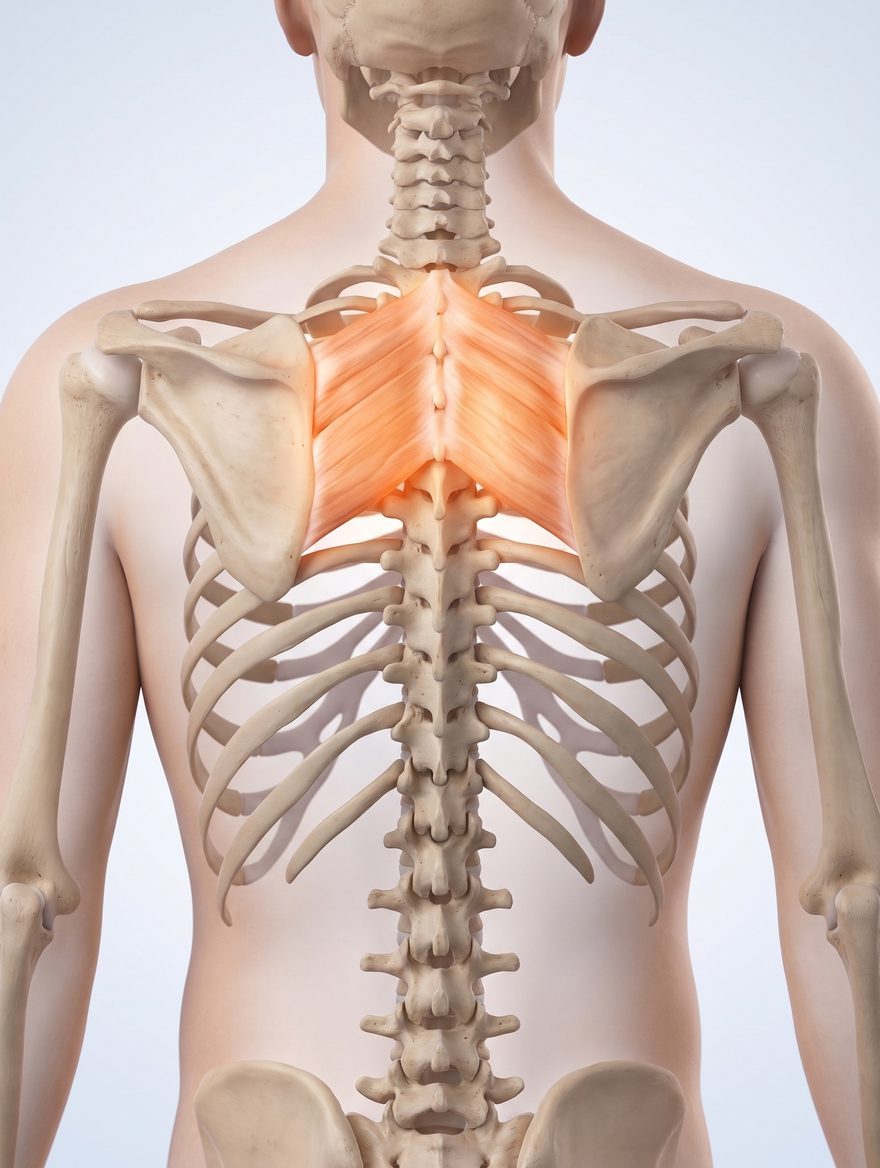 Back view of the upper body: the thoracic spine runs down the middle and joins the ribs, with a shoulder blade on each side and the rhomboid muscles between them; the area beside the spine between the shoulder blades is shown glowing.