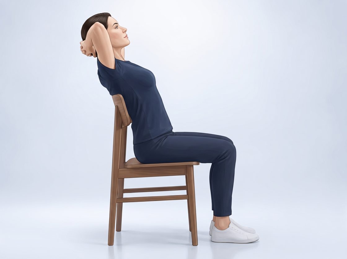 Sitting on a chair with the hands behind the head, gently arching the upper back over the backrest.