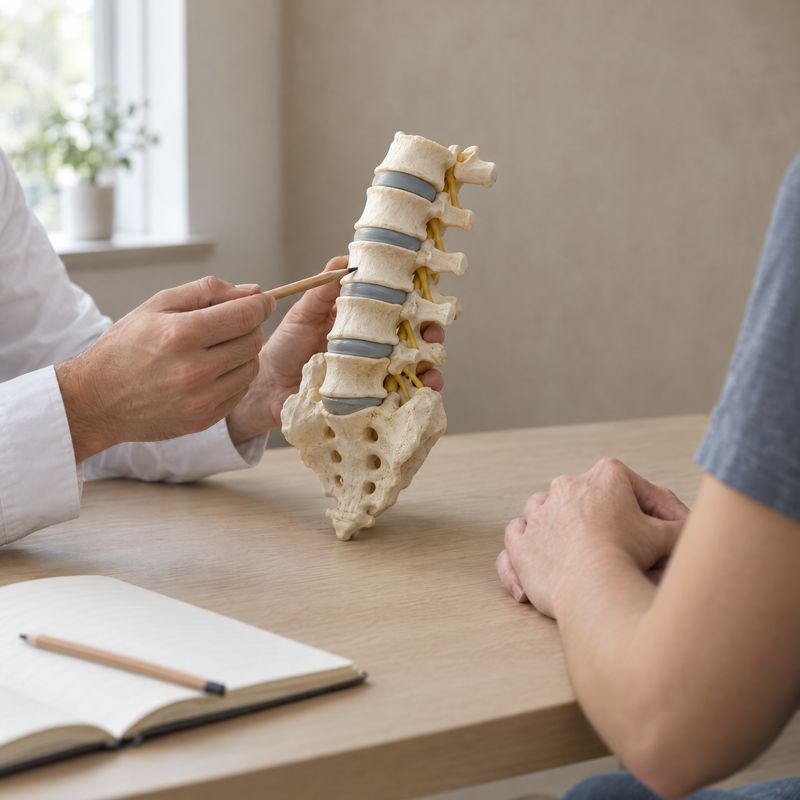 Explaining findings to a patient with a spine model